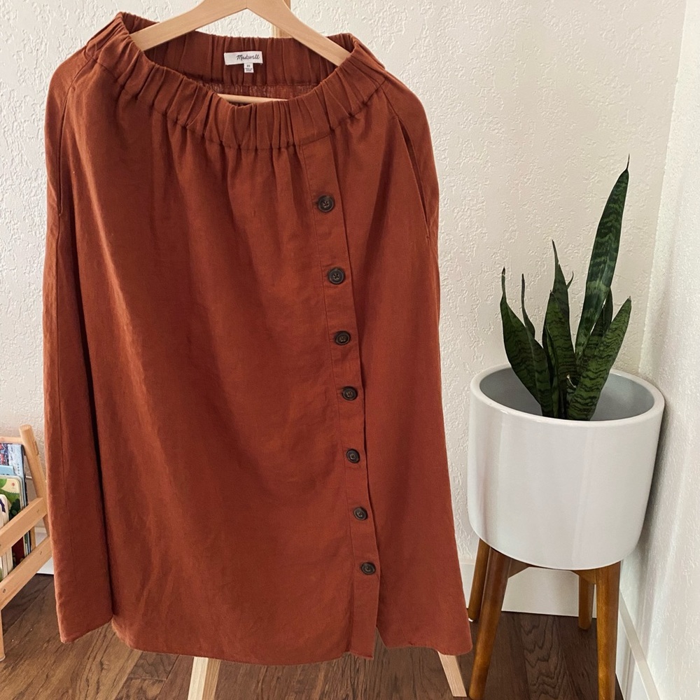 Madewell linen rust orange button down midi skirt with pocket